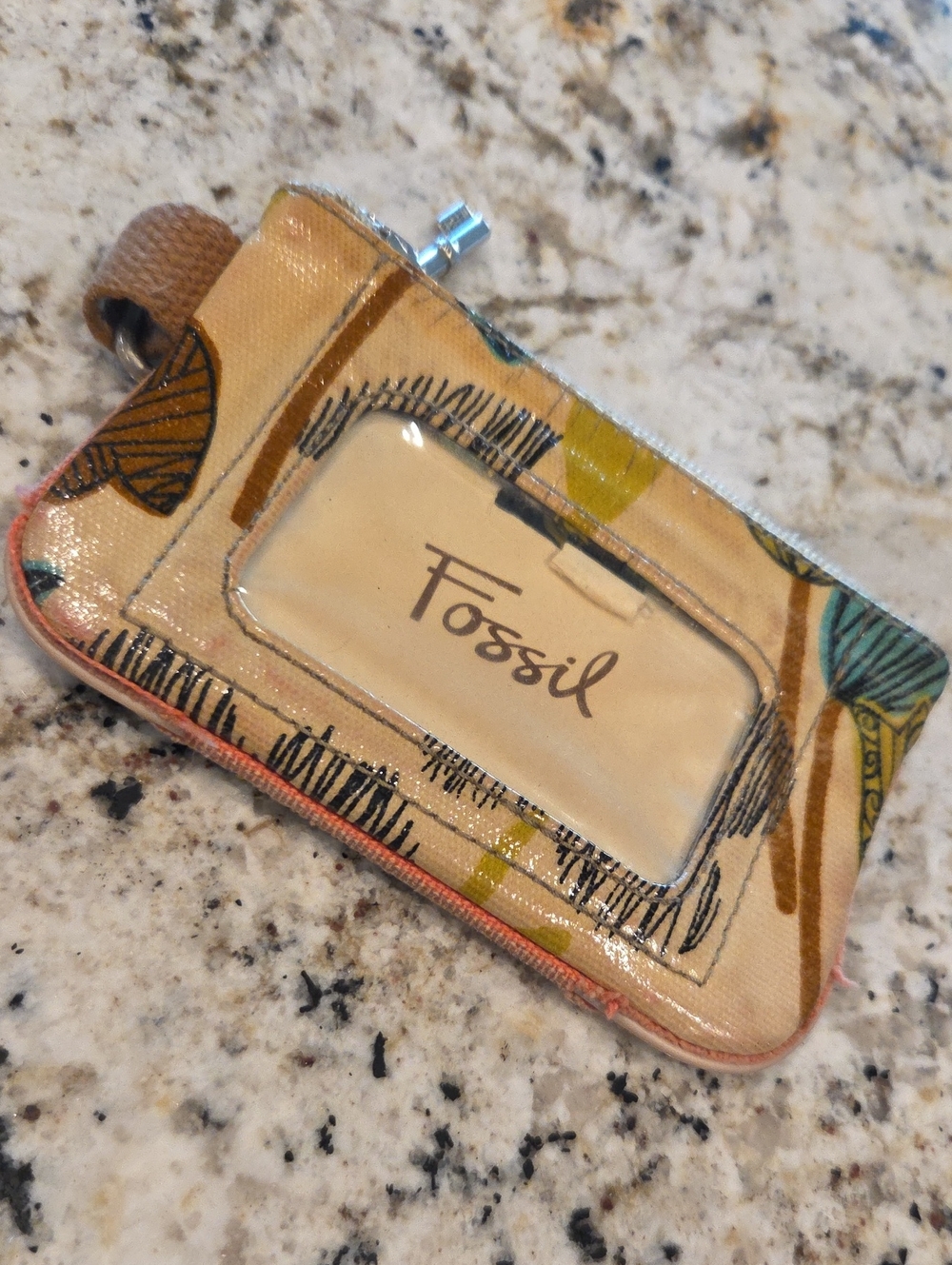 Fossil Beige Floral ID Card Case with Teal & Yellow Accents
